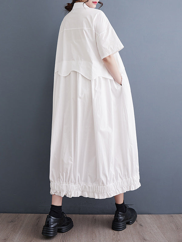 Loose Short Sleeves Elasticity Pleated Split-joint Lapel Midi Dresses