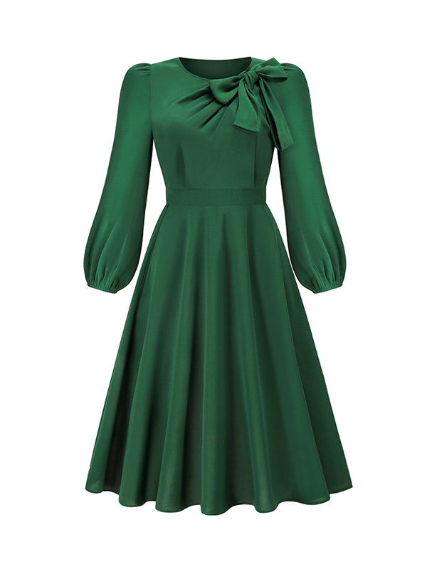 A-line Long Sleeves Asymmetric Bowknot Elasticity Color Round-neck Midi Dresses