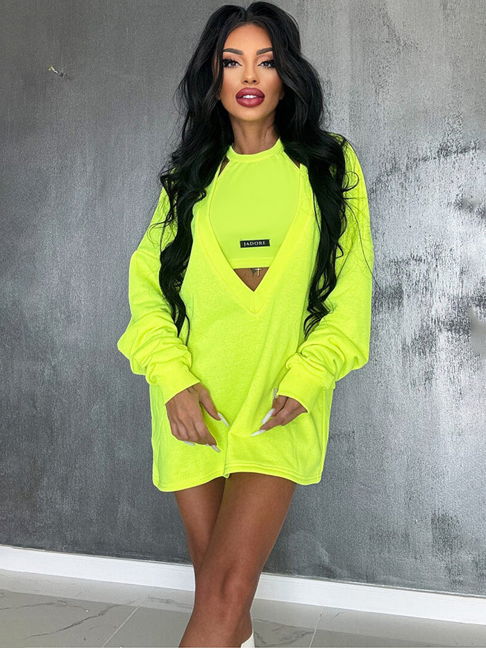 Loose Color Round-neck Mini Dresses & Vest Top Two Pieces Set