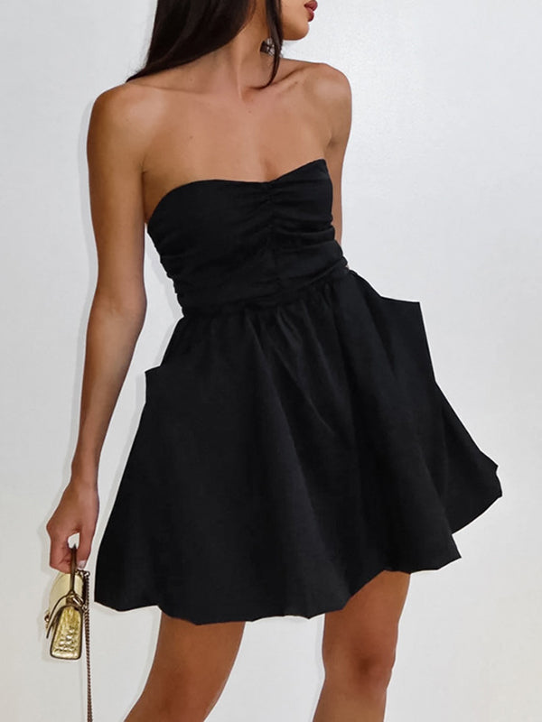 A-line High Waisted Elasticity Pleated Pockets Color Tube Mini Dresses