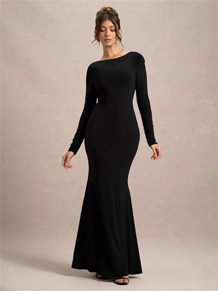 Black Tee Bow Backless Long Dress ’s High Waist Party Dress Gown Female Autumn Maxi Dress
