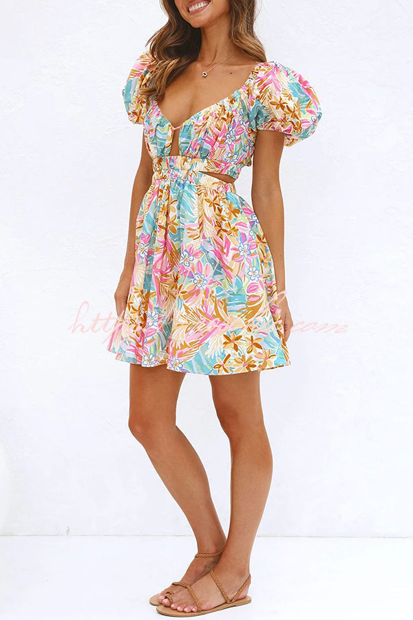 How Sweet Puff Sleeve Cutout Elastic Waist Mini Dress