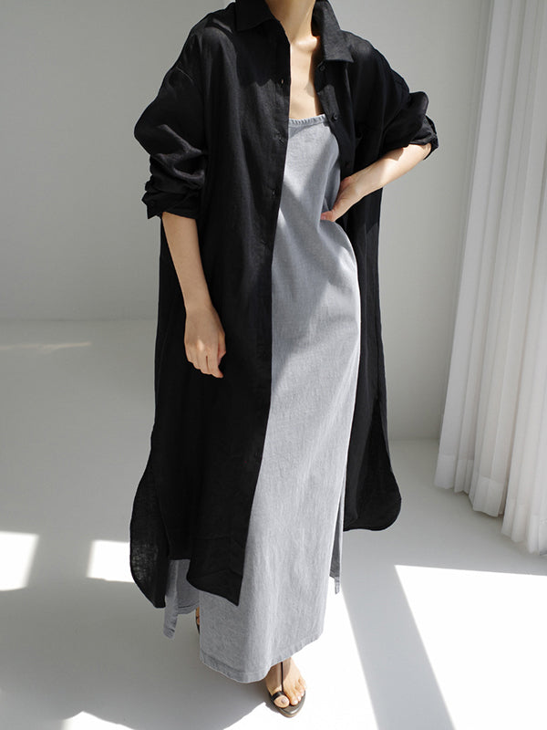 Simple Long Sleeves Split-side Color Lapel Midi Dresses Shirt Dress