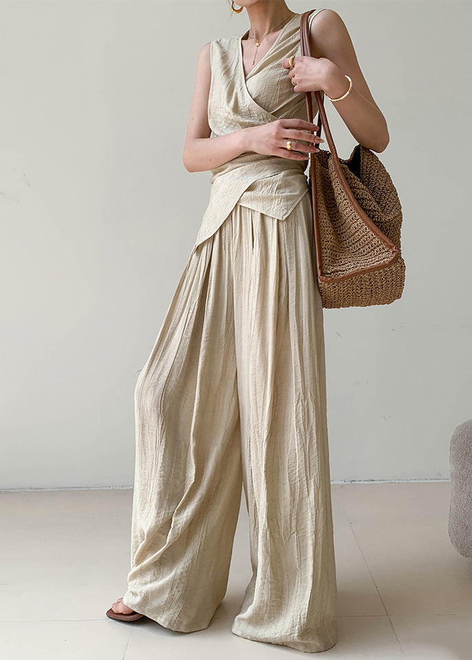 Boutique Apricot V Neck Wrinkled Linen Vest and Wide Leg Pants Two Pieces Set Summer An1025