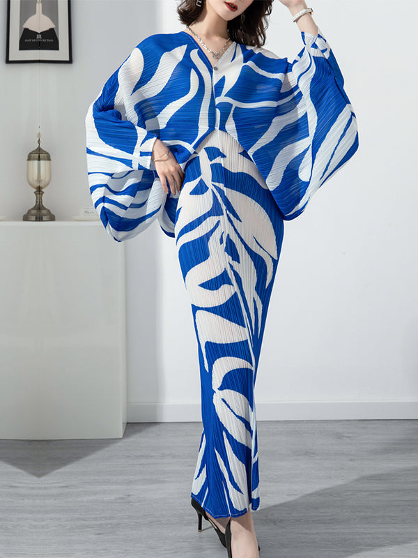 Original Batwing Sleeves Long Sleeves Contrast Color Printed Pleated V-neck Midi Dresses