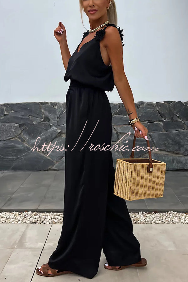 Color Embroidered Flower Suspenders Loose Jumpsuit