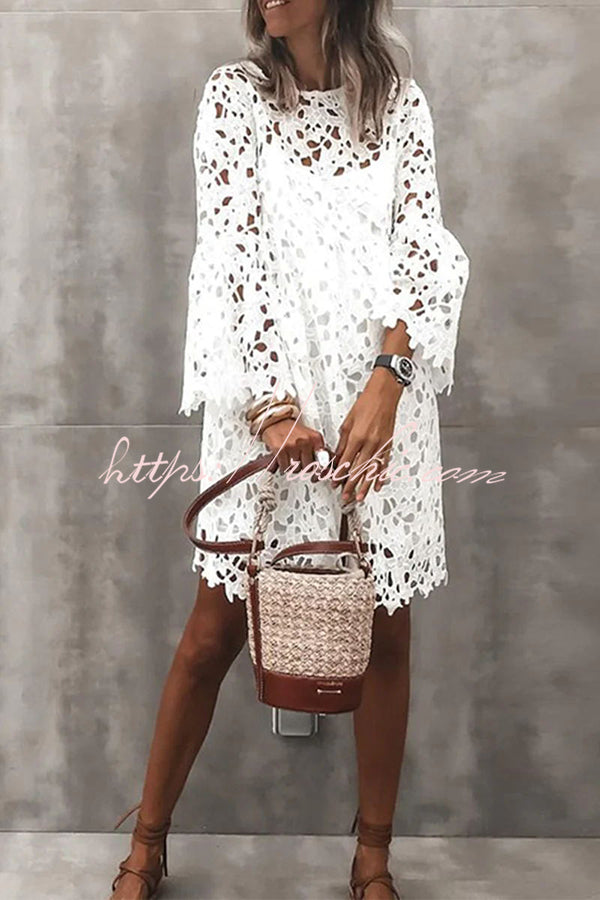 Presence Crochet Lace Bell Sleeve Mini Dress