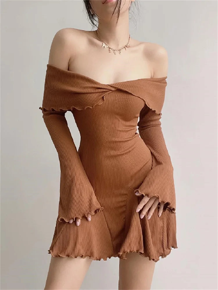 Black Knit Ruffled Mini Dress Patchwork Off-shoulder Loose Slim Ribbed Dress Knitwear Clothes Female Dress