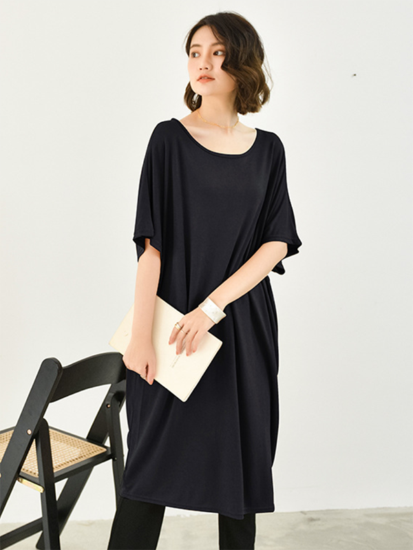Batwing Half Sleeves Color Round-neck Midi Dresses