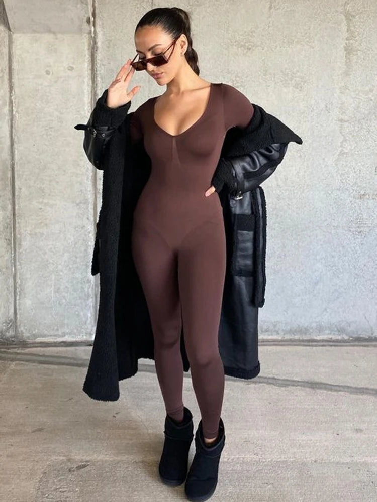 Black Jumpsuit Spring Long Sleeve V-neck Bodycon Catsuit One Piece Stretchy Fitness Rompers Overalls Jumpsuit
