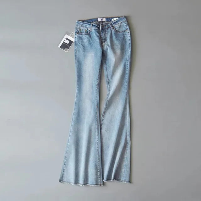 Retro Low Waist Blue Jeans for Bodycon Flared Pants Basic Slim Fit Summer Street Jeans Woman