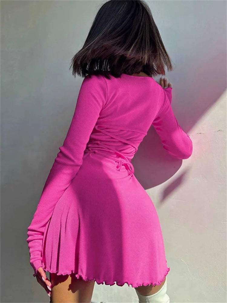 Bandage Ruffled Mini Dress Long Sleeve Lace-up High Waist Dress Bodycon Female Dress