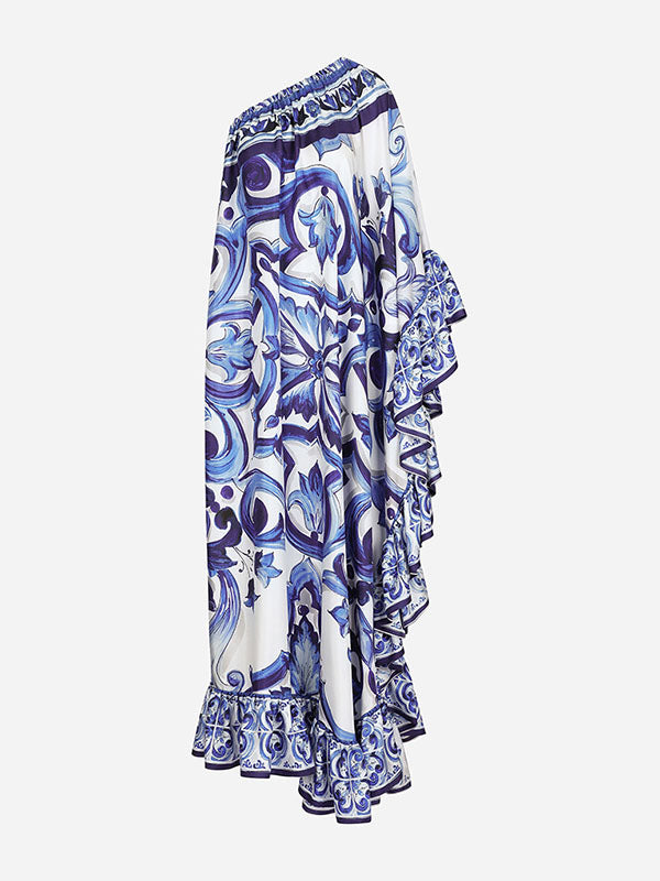 Batwing Sleeves Loose Asymmetric Falbala Printed One-shoulder Midi Dresses