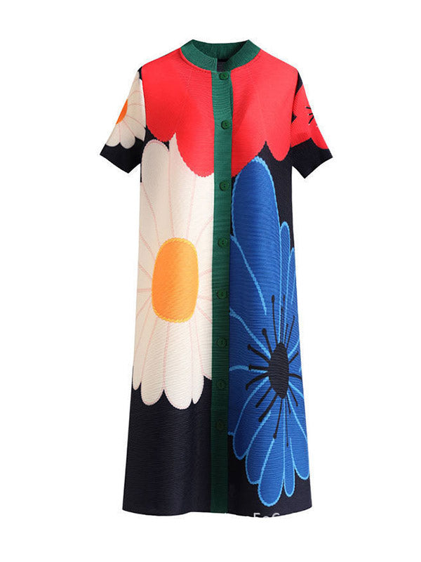 A-line Loose Buttoned Flower Print Pleated Round-neck Midi Dresses