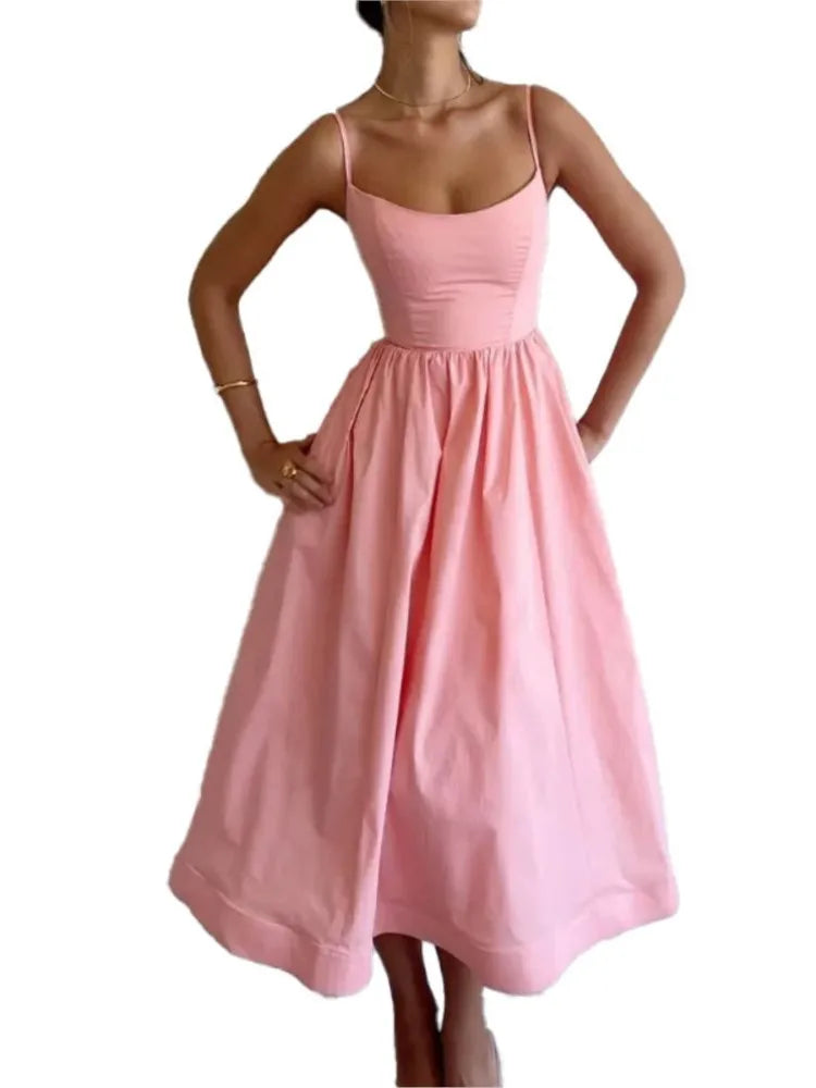 Spaghetti Strap A-line Maxi Dresses Low Cut Sleeveless Big Skirt Dress Summer New Party Vestido