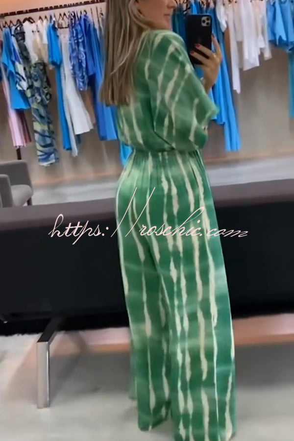 Striped Print V-neck Lace-up Wide-leg Jumpsuit