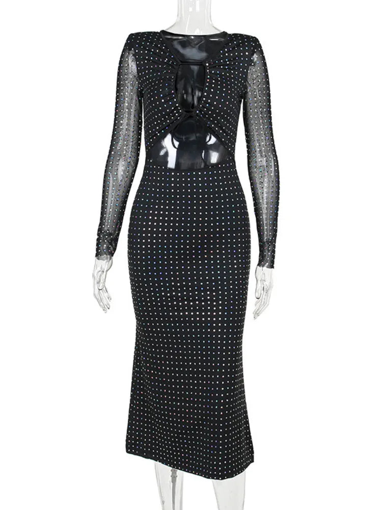 Sequin Sparkle Maxi Dress for Hollow Out Sheer Long Sleeve Bodycon Club Party Long Dress