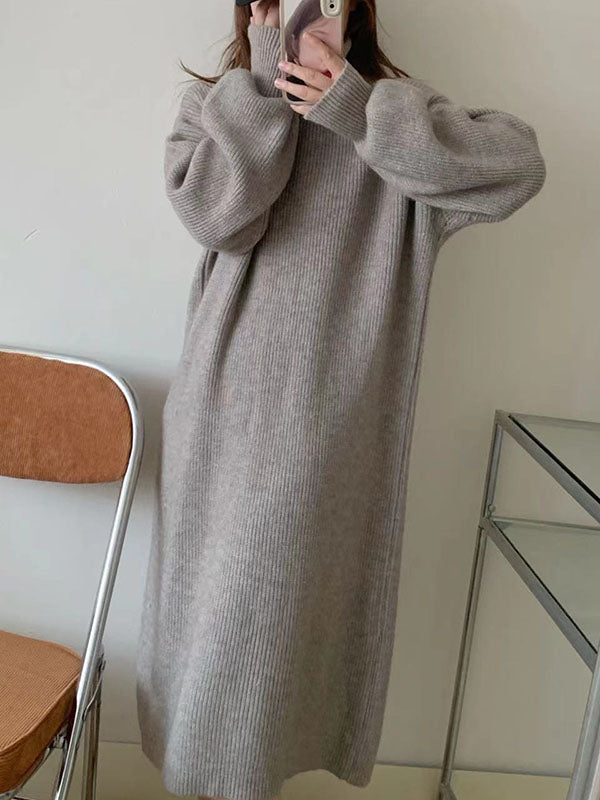 Long Sleeves Loose Color High Neck Midi Dresses Sweater Dresses