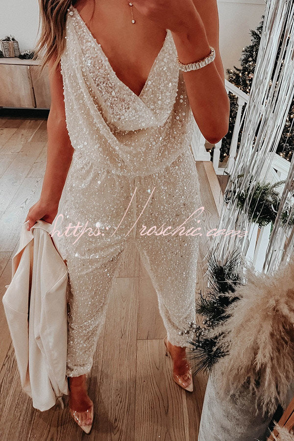 Cheers to Me Sequin Halter Elastic Waist Jumpsuit