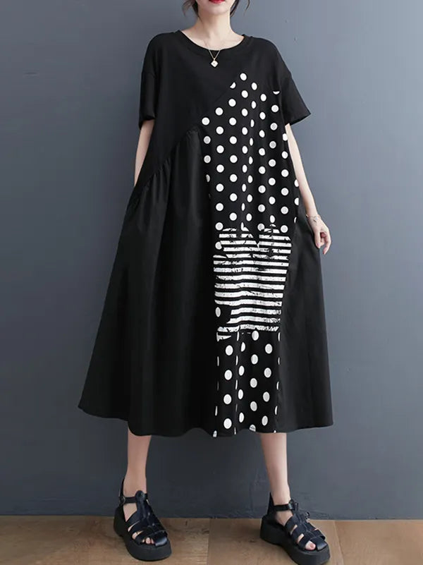 Irregularity Oversize Printed Striped Polka-dot Split-joint Round-neck Midi Dresses