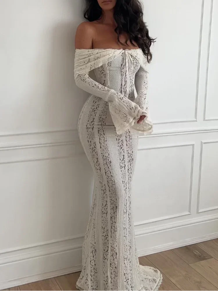 Hollow Out Lace Maxi Dress Female Backless See-through Slim Lace-up Bandeau Dress ’s White Long Dress New