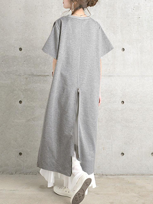Loose Short Sleeves Pleated Color Split-joint Round-neck Midi Dresses