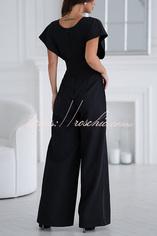 Color V-neck Waist Wide-leg Jumpsuit