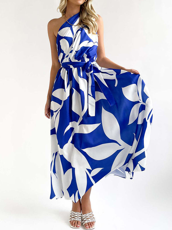 Loose Sleeveless Bandage Contrast Color Hollow Printed One-shoulder Midi Dresses