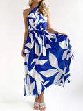 Loose Sleeveless Bandage Contrast Color Hollow Printed One-shoulder Midi Dresses