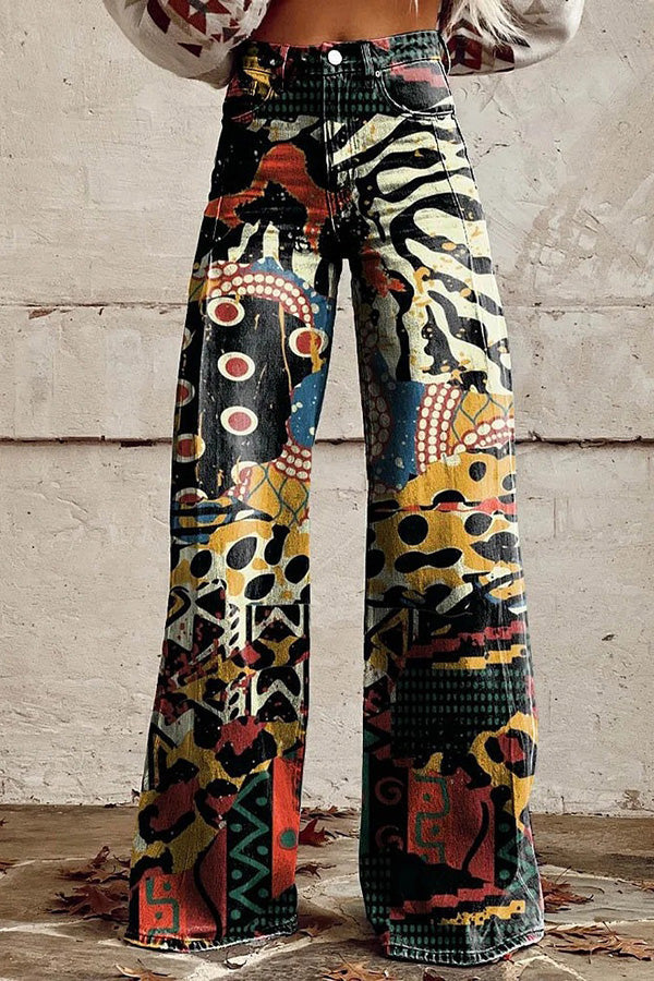 Unique Print Button Pocket Wide Leg Pants