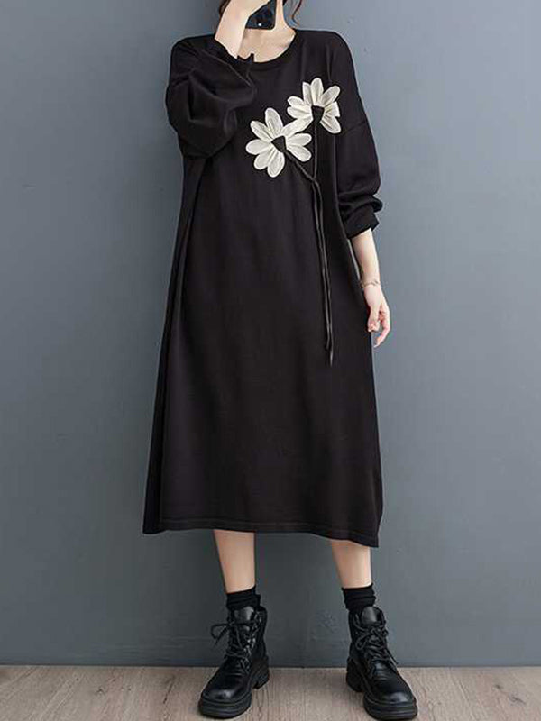 A-line Long Sleeves Flower Print Keep Warm Round-neck Midi Dresses