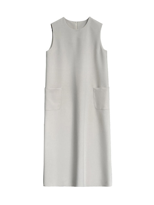 High Waisted Loose Pockets Color Split-back Zipper Round-neck Midi Dresses