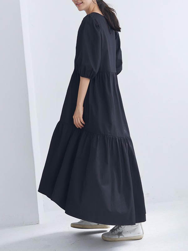 Half Sleeves Puff Sleeves Breathable See-through Color Round-neck Midi Dresses