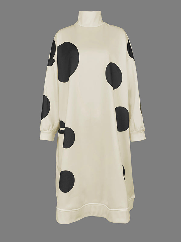 Long Sleeves Loose Pockets Polka-dot Mock Neck Midi Dresses