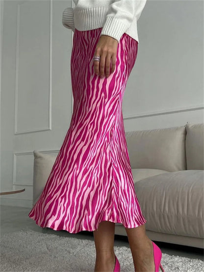 For Y2k Skirt Printed Striped Contrast Midi Skirt Female Summer Slim Long Skirt