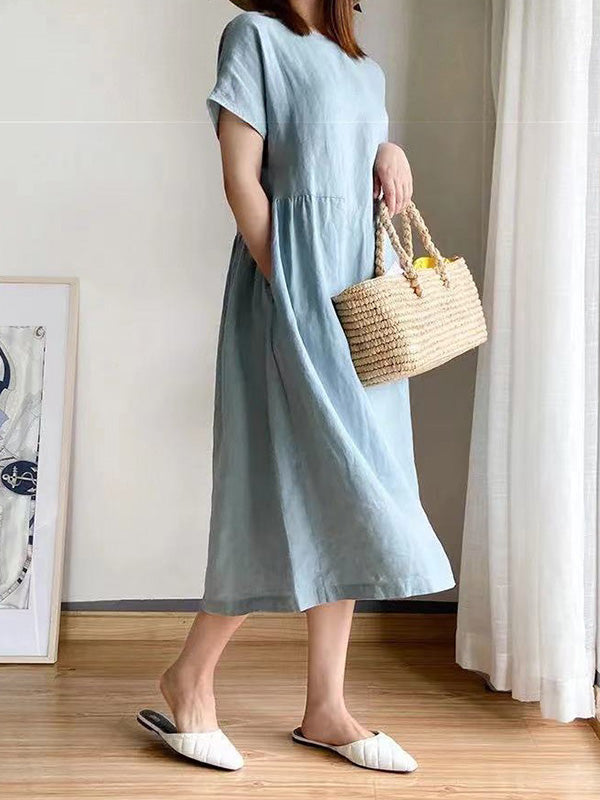 Loose Color Round-neck Midi Dresses