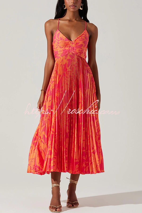 Wedding Party Season Print Pleated Back Tie-up Midi Dress