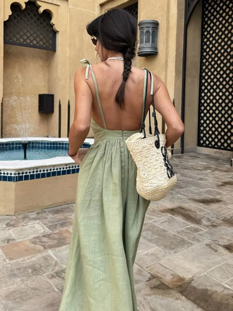 Backless Beach Dress for V Neck Splice Folds Long Dresses Party Bandage Maxi Sundress Female