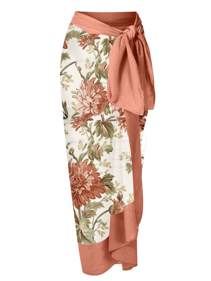 Bowknot Tie-shoulder Print One Piece Swimsuit and Skirt