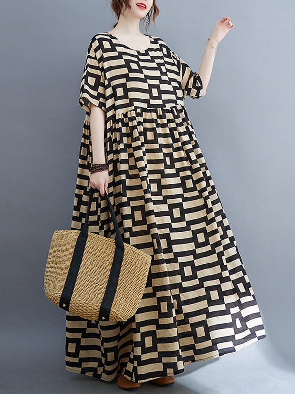 Loose Short Sleeves Plaid Round-neck Midi Dresses