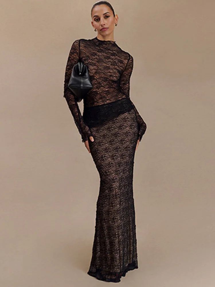 Lace Long Sleeved Round Neck Top Skirt Two-piece Set for Autumn Winter New Transparent T-shirt Set