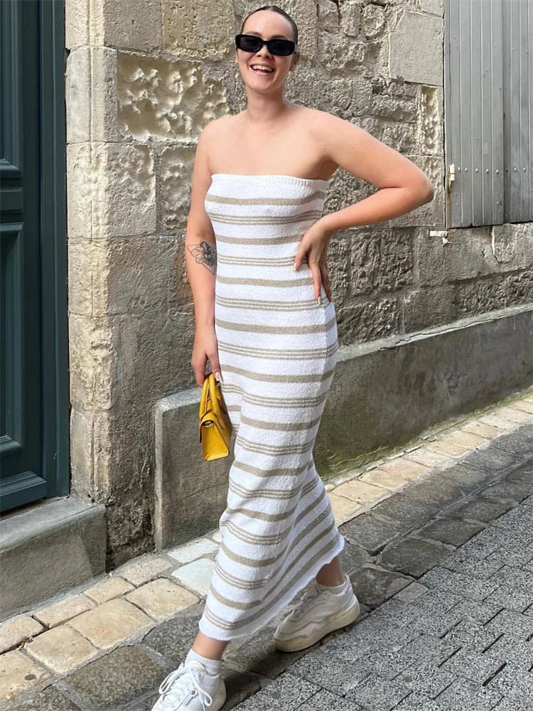 Backless Contrast for Dress Slim Holiday Beach Striped High Waist Off-shoulder Maxi Dress Skinny Long Dress