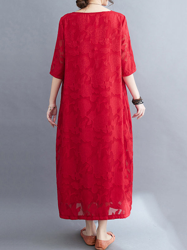 Loose Three-quarter Sleeves Jacquard See-through Color Round-neck Midi Dresses