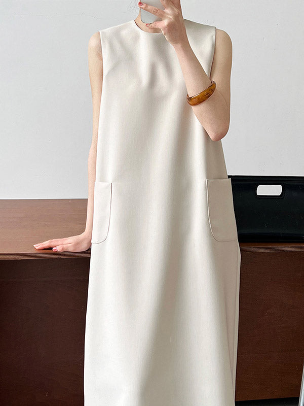 High Waisted Loose Pockets Color Split-back Zipper Round-neck Midi Dresses