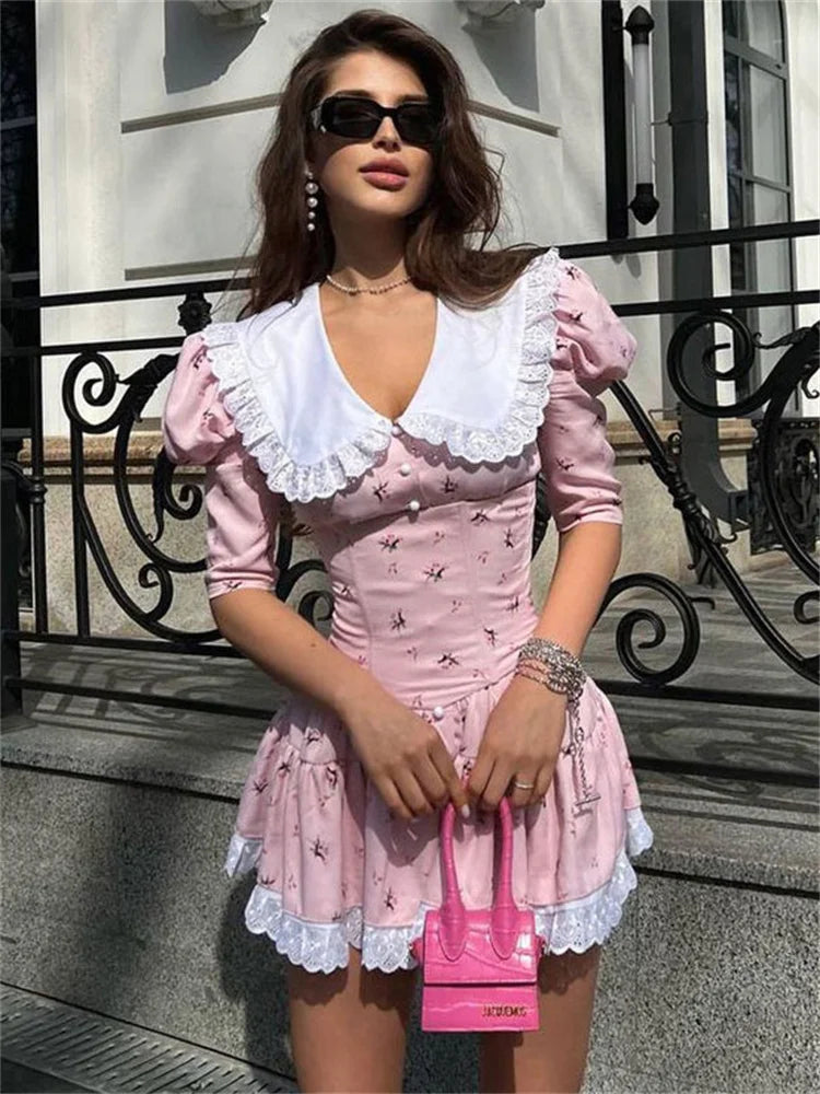 Summer Printed Patchwork Mini Dress Female V-neck Short Sleeve Slim Party Dress Gown for Dress