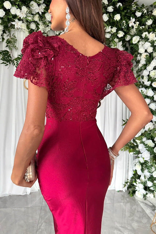 Dreamy Lace and Satin Patchwork Ruffle Sleeve Ruched Midi Dress