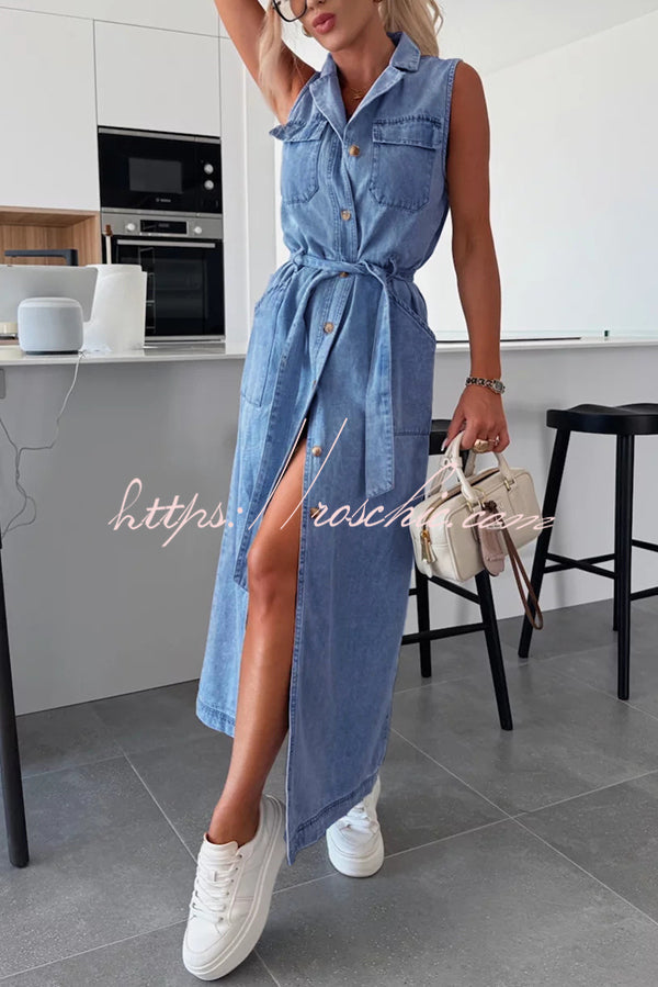 Color Sleeveless Single Breasted Waist Tie Pocket Denim Midi Dress