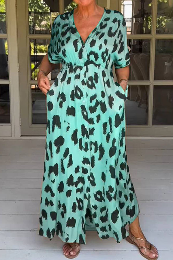 Leopard Print Loose V-neck Short-sleeved Pocket Midi Dress