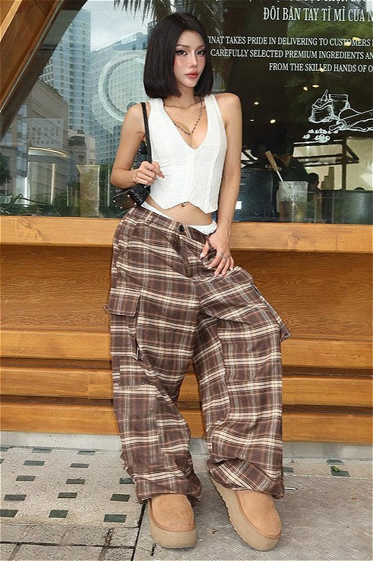 Plaid Wide Leg Cargo Pants