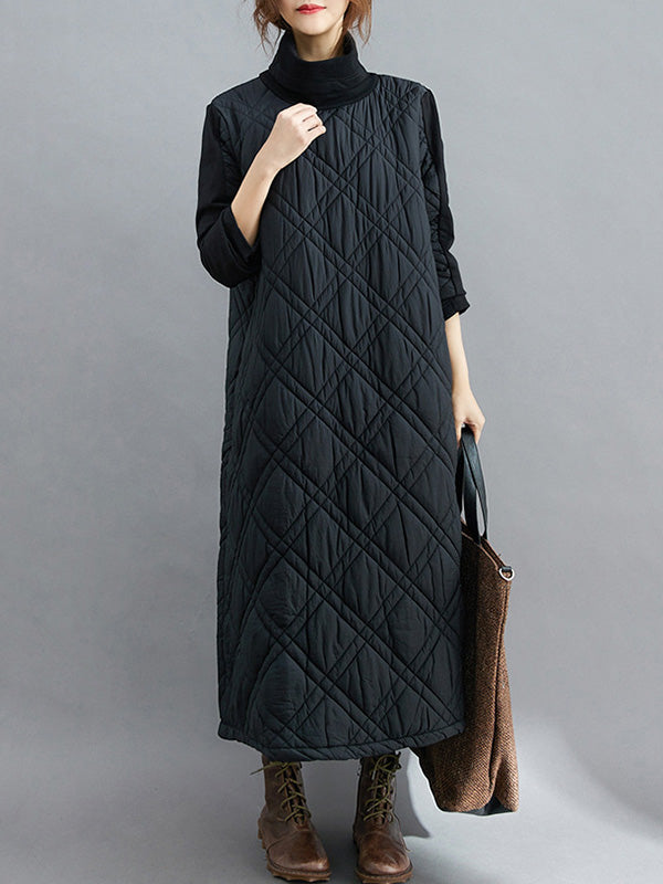 Simple Split-joint High-neck H-line Quilted Midi Dress